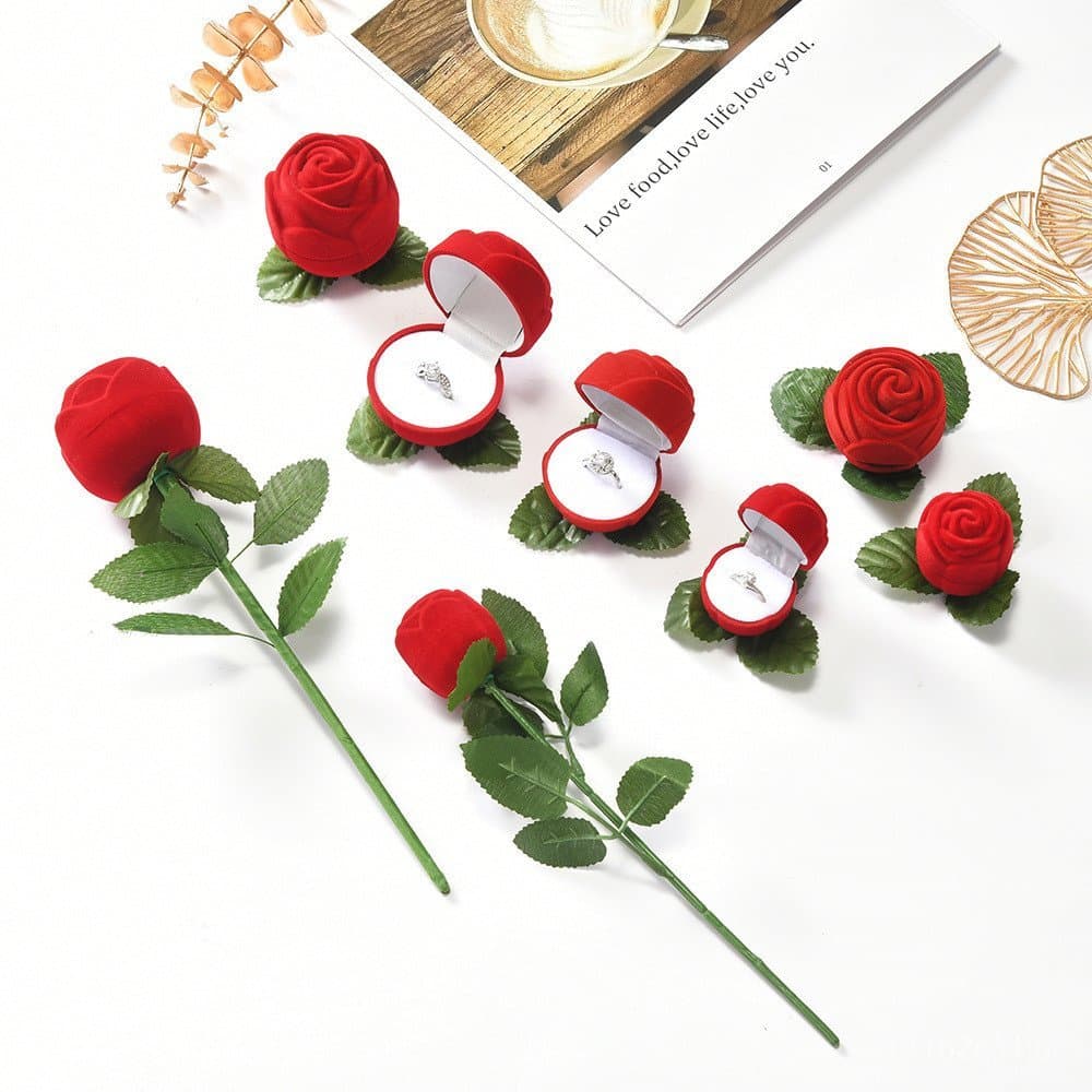 Elegante caixa de presente de alta qualidade com cabeça de rosa e haste, revestida em veludo requintado, para brincos, d