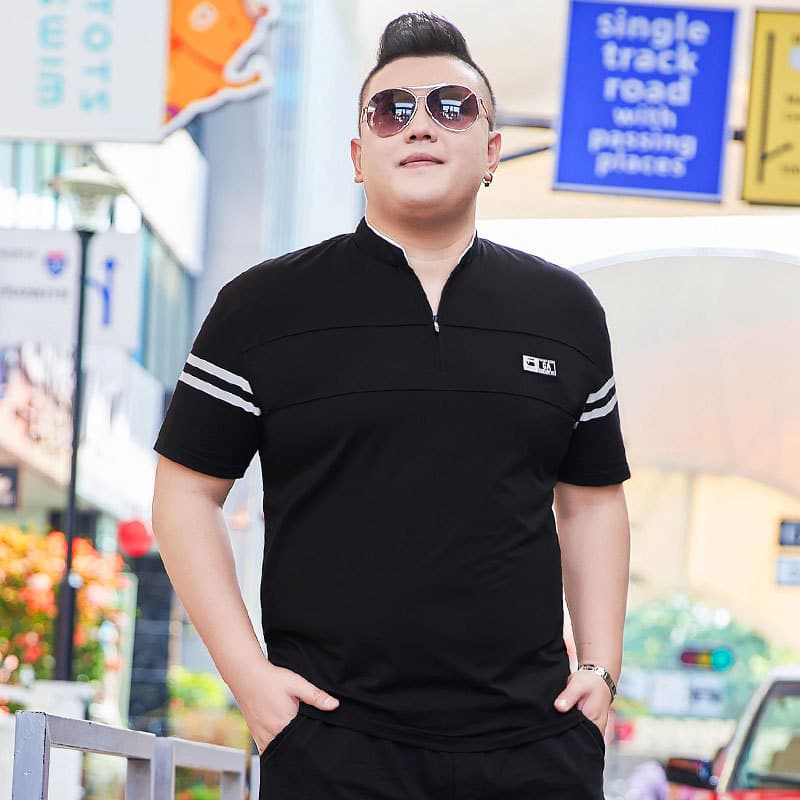 Camiseta masculina de manga curta com gola alta, tamanho grande, solta, verão, meia manga, zíper, cara gordo, plus size,