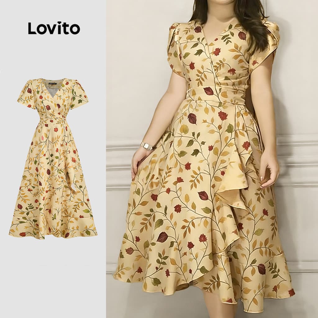 Lovito Vestido Casual Assimétrico com Babado Na Bainha Vestido de Primavera/verão para Mulheres L190ED329