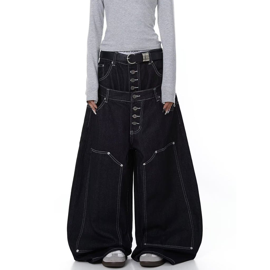 jeans Casuais Americanos Retrô Abotoado patchwork Para Mulheres , Calças Retas De Pernas Largas Homens