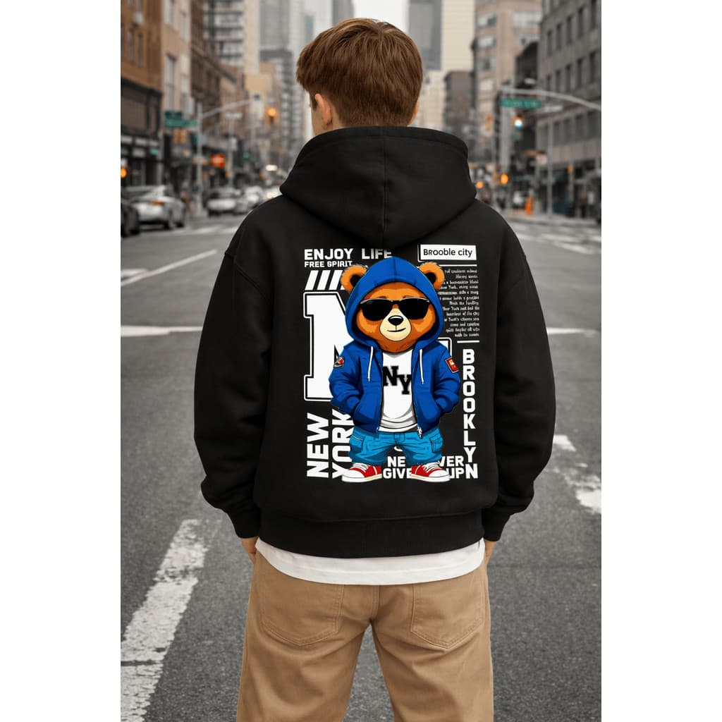 Moletom Infantil Masculino Estampado Ursinho NY Streetwear Canguru Com Capuz Inverno Confortável Moda Urbana Molekada