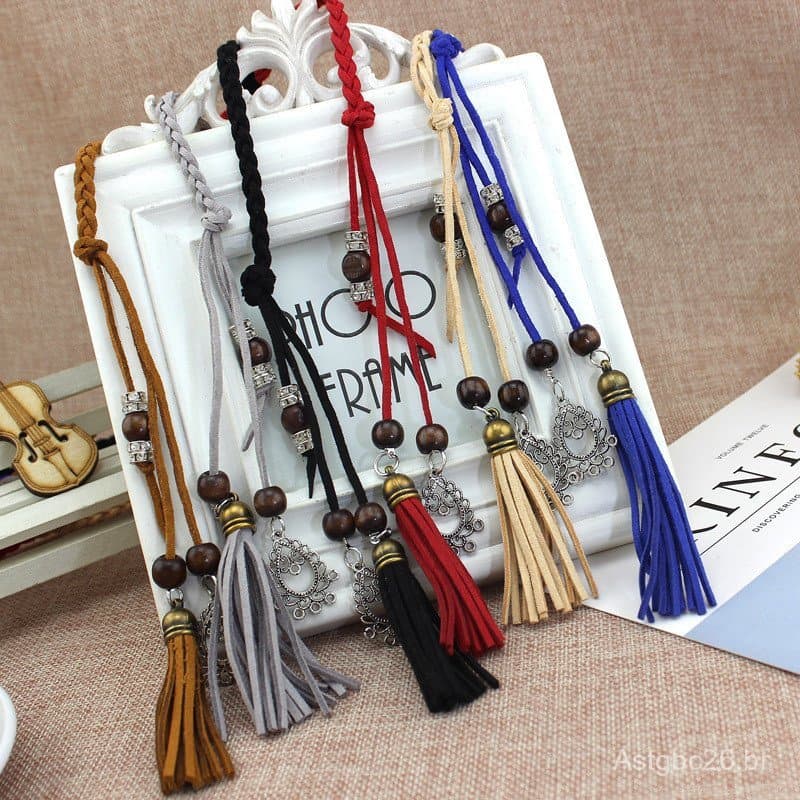 Cinto de saia vintage de primavera e verão com corda trançada e pingente para mulheres, estilo étnico com decoração de f