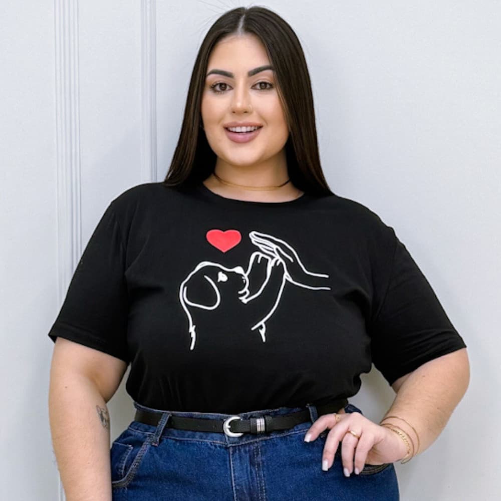T-Shirt Plus Size Estampada Feminina Camiseta Premium Moda Verão Lançamento Blusa Blusinha Love Dog Preta