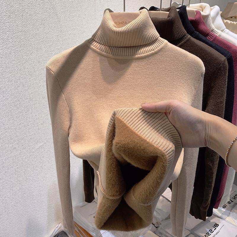 Suéter Feminino De Gola Alta , Forro De Veludo Grosso , Top De Malha Quente , Outono Inverno Pelúcia , Pulôver Casual