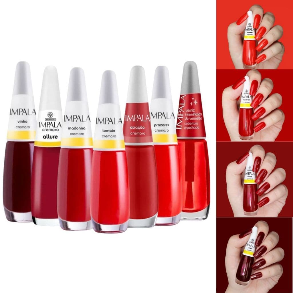 IMPALA Kit 6 Esmaltes Tons Vermelhos + Verniz Intensificador de Brilho Longa Duração Original Manicure Pedicure