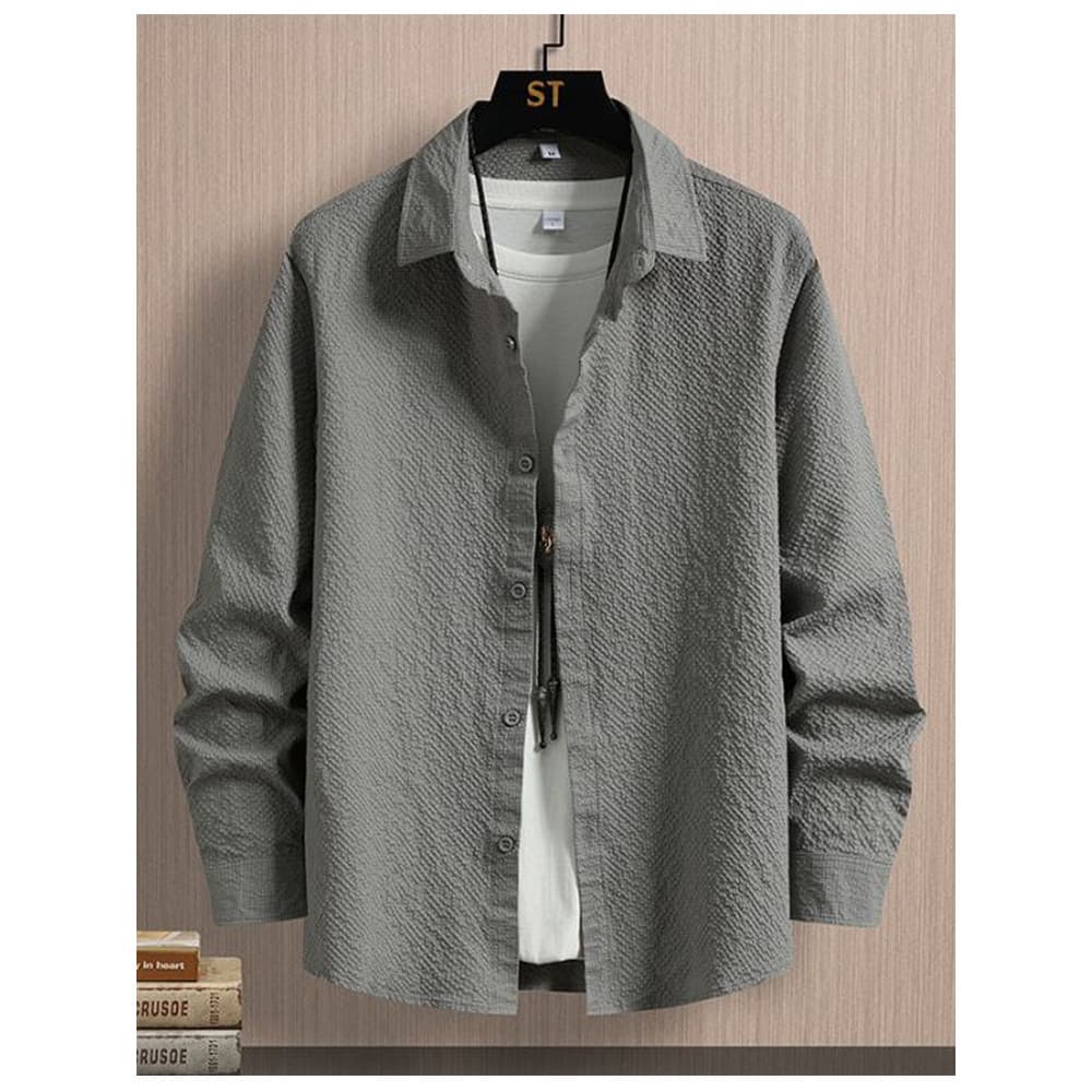 Homens primavera outono manga comprida Seersucker camisa de cor sólida Anti-rugas não-ferro fino Casual All-Match camisa