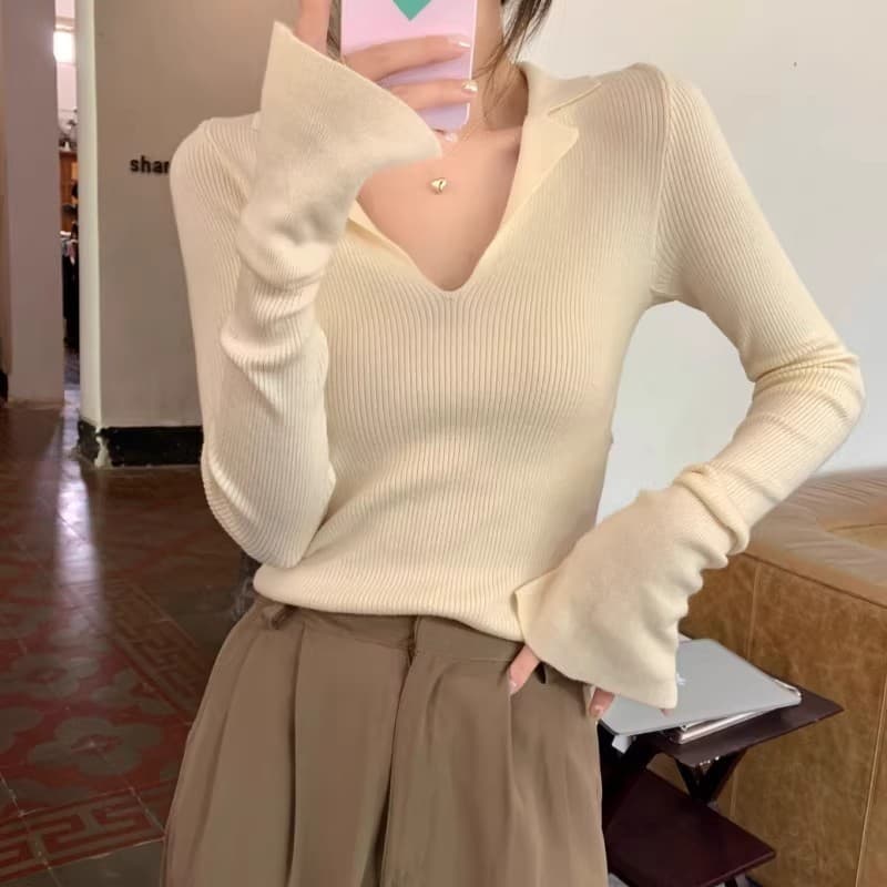 Suéter de lapela Polo francês feminino outono inverno High-End chique com decote em V clavícula exposta manga comprida T