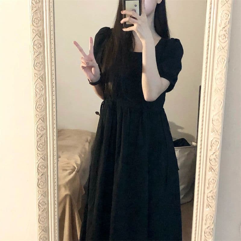 Hepburn estilo Puff manga vestido feminino verão pescoço quadrado cintura estreita amarrado mais magro olhar estudante M
