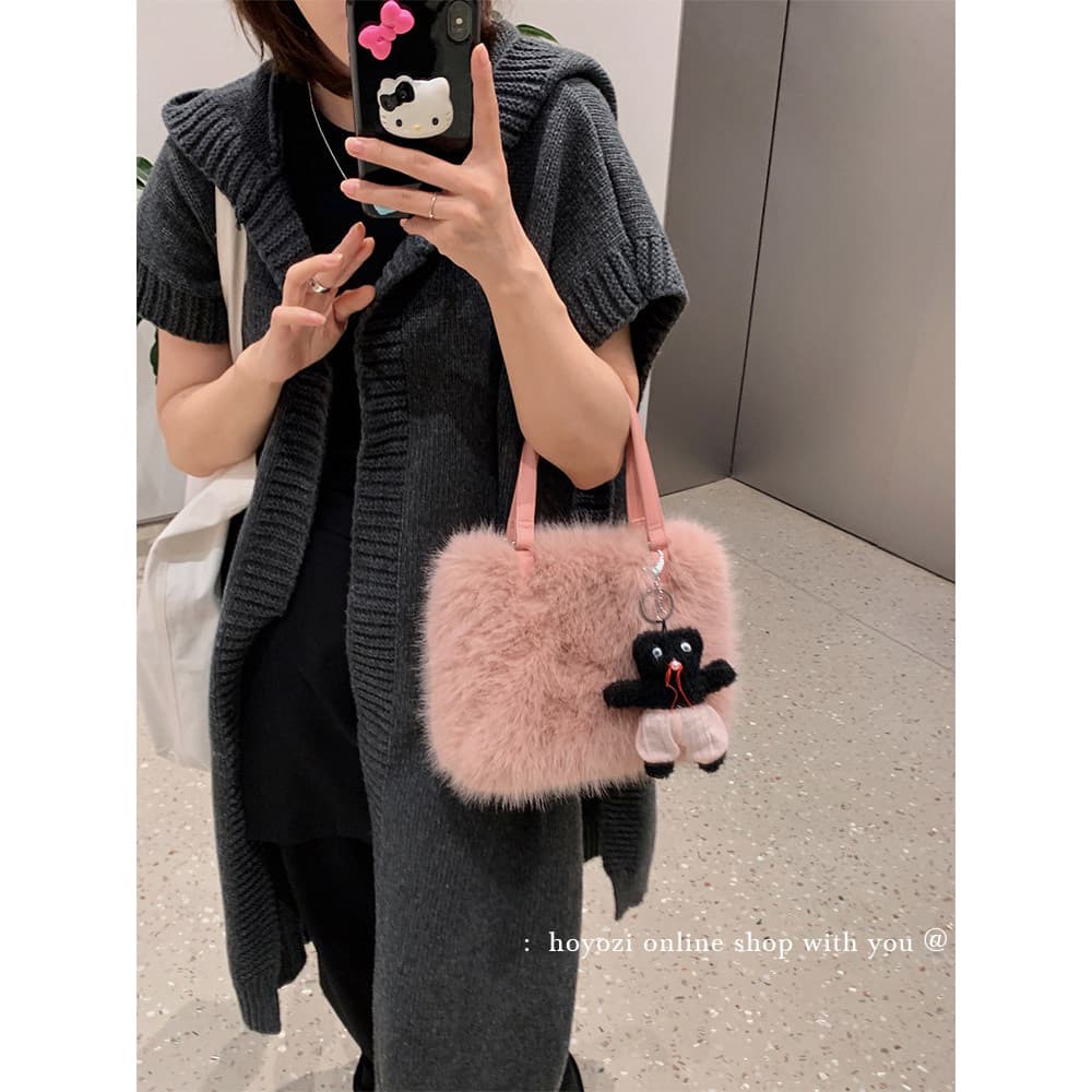[Bolsa Xiaoyoujia] HOYOZI Bolsa de pelúcia de inverno Bolsa portátil feminina Bolsa mensageiro de ombro Bolsa pequena