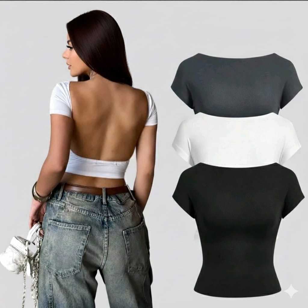 Cropped Costa Nua Feminina Ombro a Ombro manga curta Suplex Liso Casual Básico Tecido Duplo