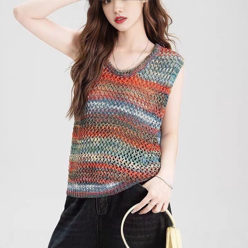 Colete de malha listrado oco contraste cor verão camisola de malha cor preguiçoso sem mangas Design solto topo