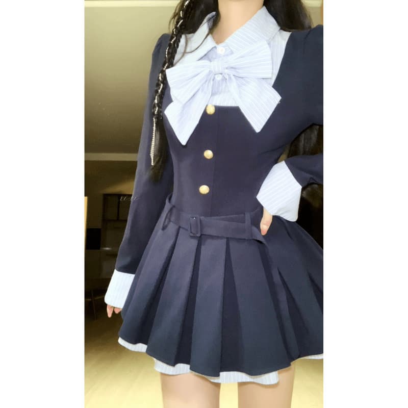 Primavera novo estilo estilo Preppy costura Design vestido de manga comprida falso duas peças doce picante mais magro ol