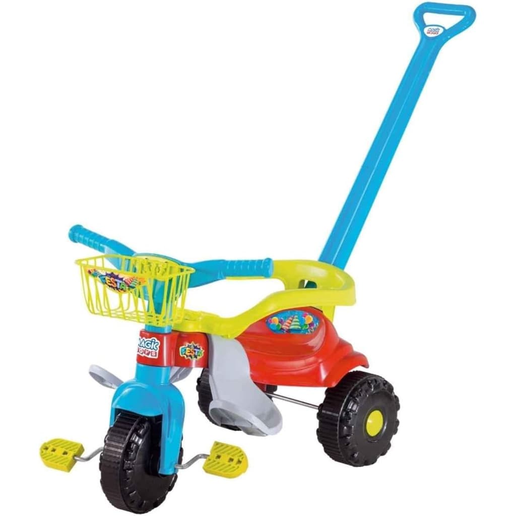 Tricicolo Tico Tico Infantil Festa Azul Com Aro Proteção Carrinho Empurrar Com Apoio Para Pés