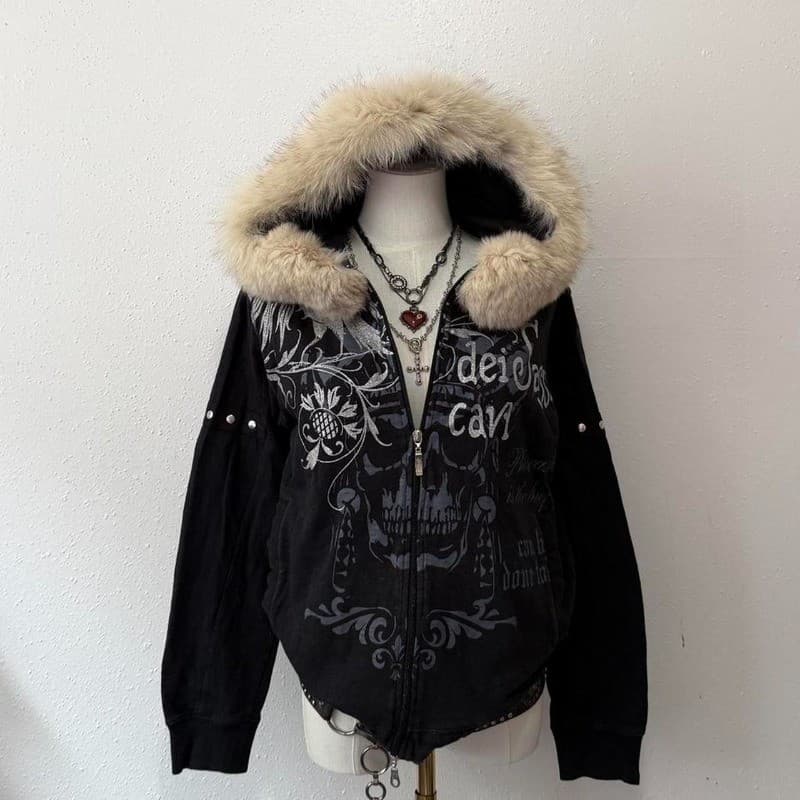 Outono E Inverno Nova Moda Oversized Padrão Impresso Gola De Pele Camisola Feminina Y2K Hip Hop Harajuku Moletom Casual