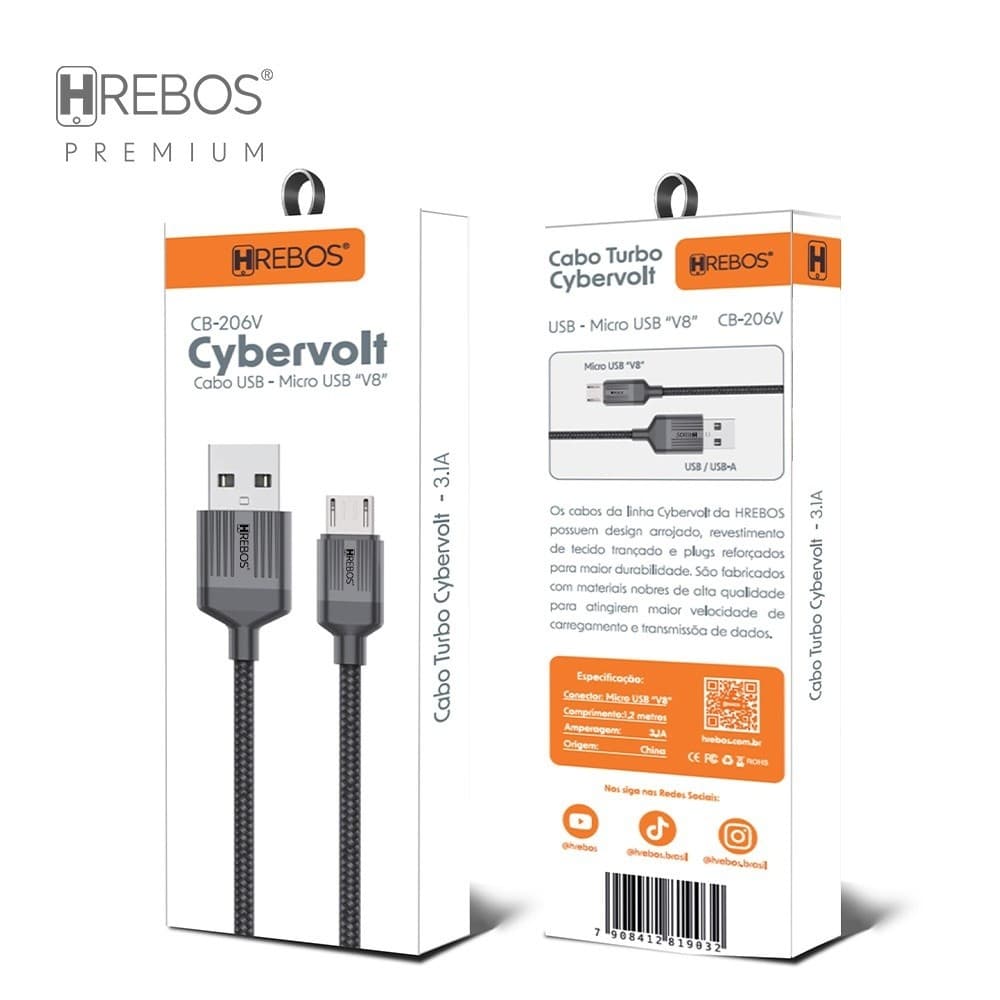 Hrebos Premium | Cabo Cybervolt 1.2 Metros Preto USB x Micro USB V8