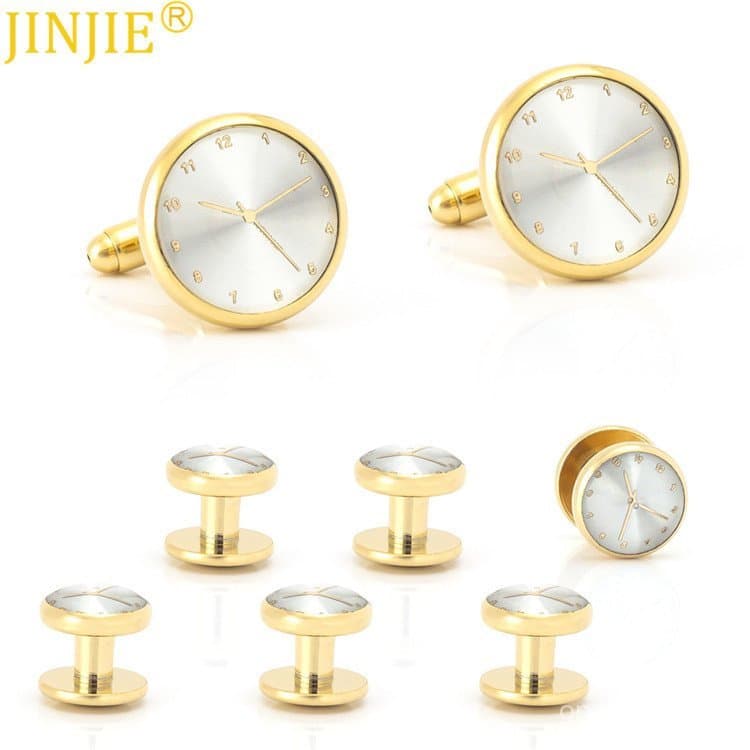 Conjunto de botões de punho masculinos estilo relógio dourado, elegantes e modernos, botões de punho versáteis para cami