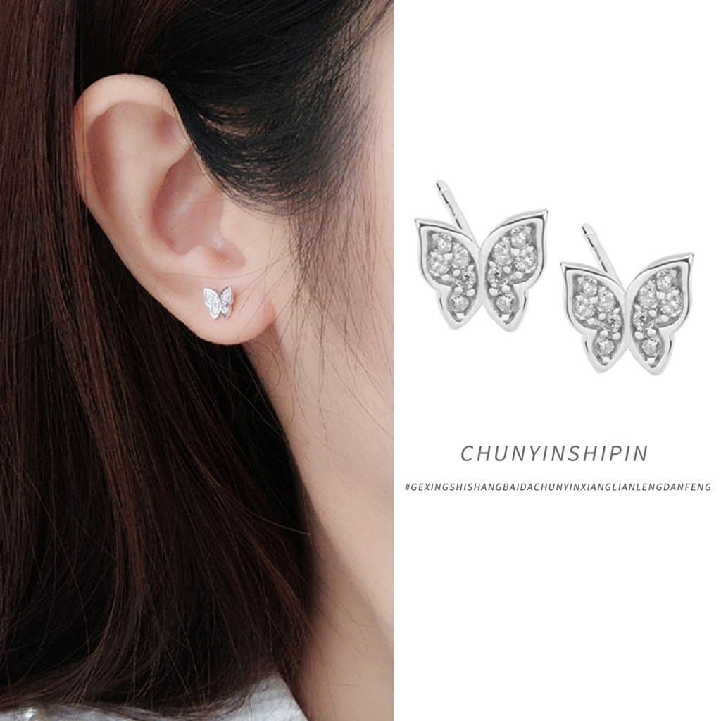 Joias de estilo exclusivo Ins, brincos de borboleta em prata esterlina S925 com diamantes, estilo coreano, super delicad