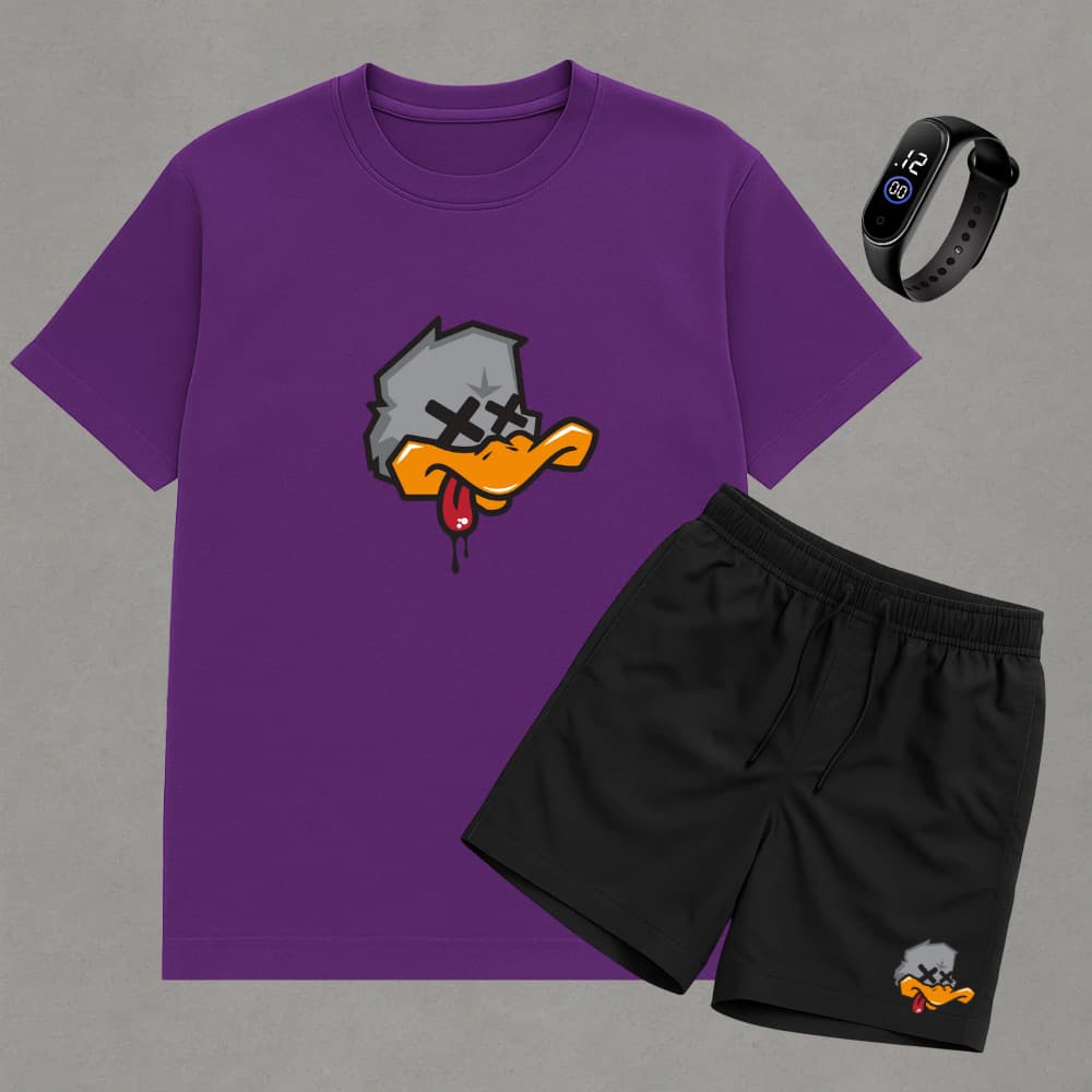 Kit Moda Praia Masculina Shorts Tactel Estiloso + Camiseta Algodão Básica Estampa DUCK