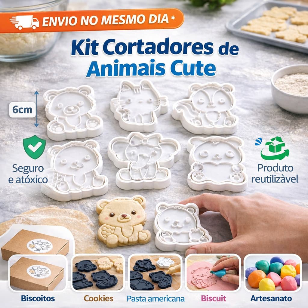 Kit 8 Cortadores de Biscoito Animais Cute – Cortador de Massa para Cookie, Bolacha e Pasta Americana