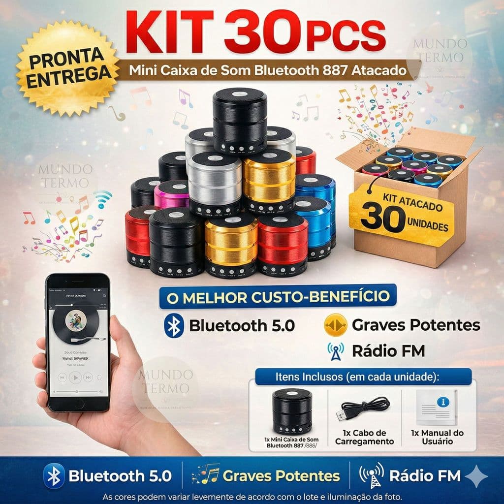 Kit 30 pcs Mini Caixa de Som Bluetooth 887 Portátil Rádio FM USB SD Graves Potentes Bateria Recarregável Atacado