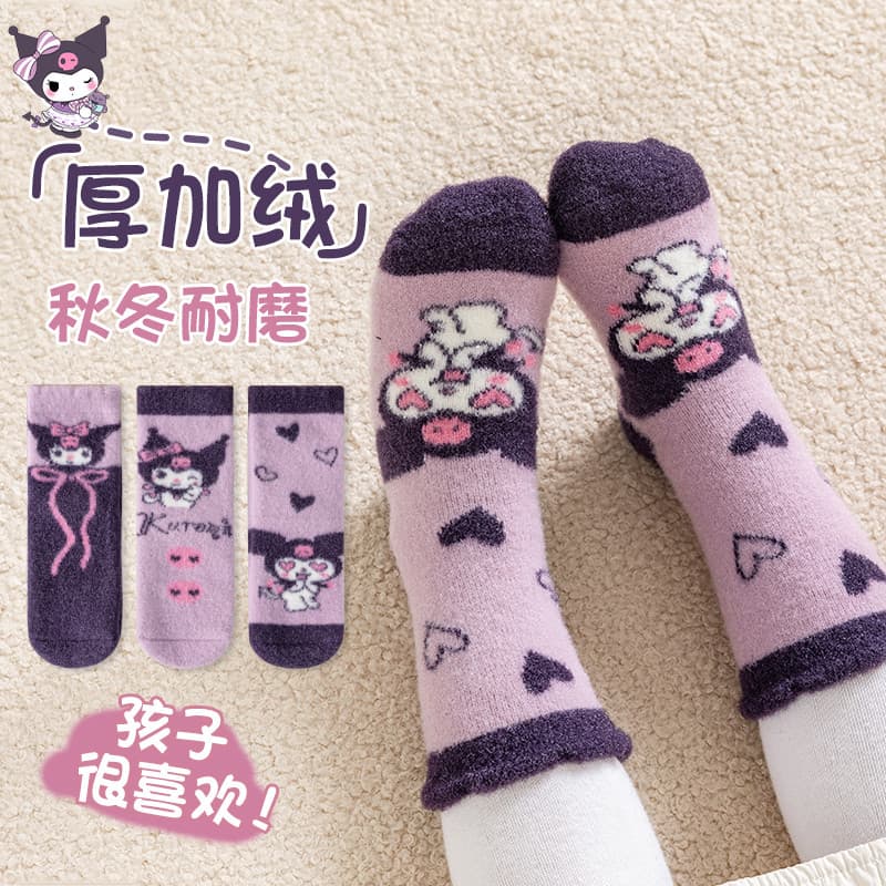 Meninas Kuromi meias crianças outono inverno forro de lã engrossado meias quentes bebê inverno dormir vison velo Terry m
