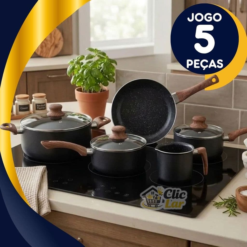 Jogo de Panela 5 Peças Antiaderente de Cerâmica Com Tampa de Vidro frigideira Caçarola Leiteira PRETO