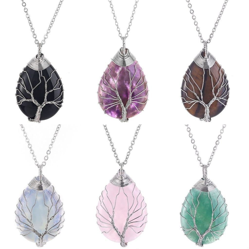 Pingente Árvore da Vida em Forma de Gota de Água de Pedra Natural, Colar DIY Envolto em Fio de Cristal Natural, Pedra Br