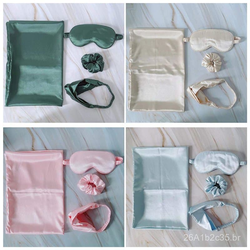 Conjunto de quatro peças de máscara de olhos de seda simulada, fronha, elástico de cabelo e faixa de cabelo, conjunto de