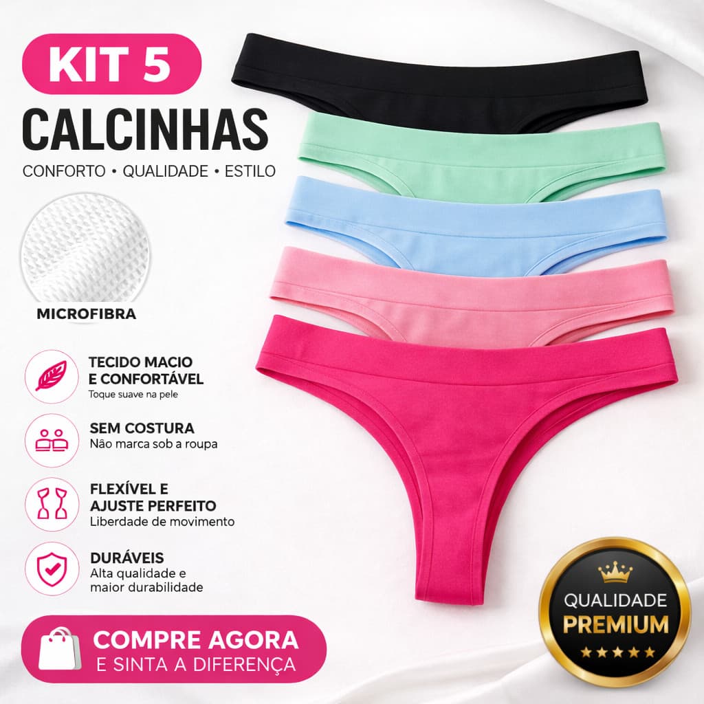 Kit 5 Calcinhas Microfibra Confortável Feminina Fio Dental