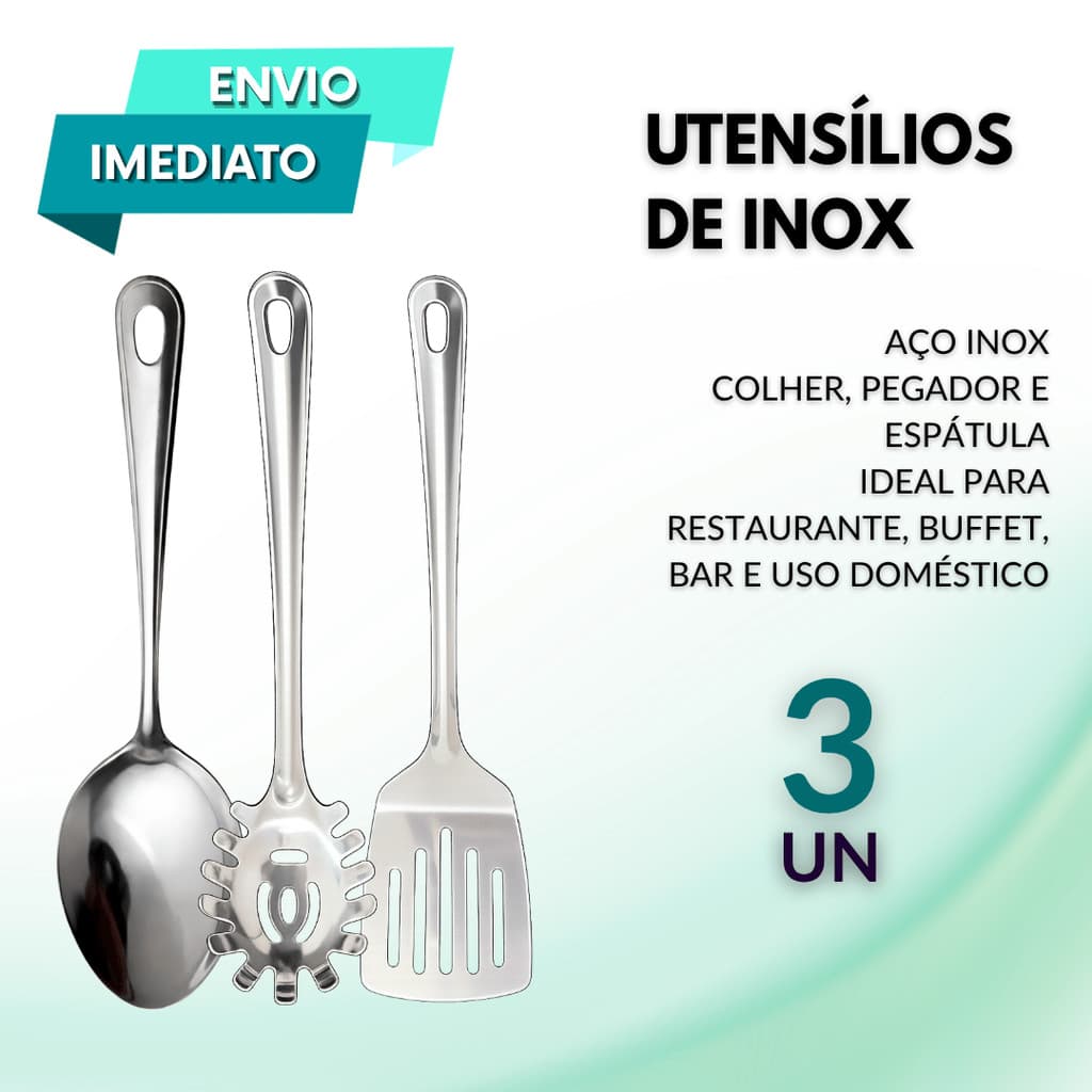 Kit Utensílios Aço Inox Colher Pegador Espátula Vazada Durável Restaurante Buffet Self Service Uso Doméstico