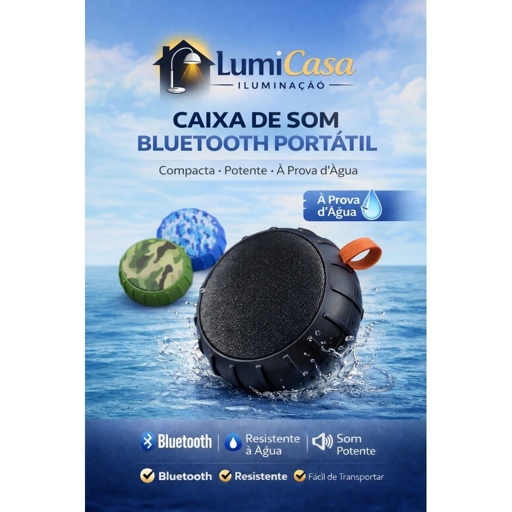 Caixa de Som Bluetooth Portátil 5W à Prova d’Água – com Gancho, USB, MP3 – Ideal p/ Banheiro, Praia e Viagem