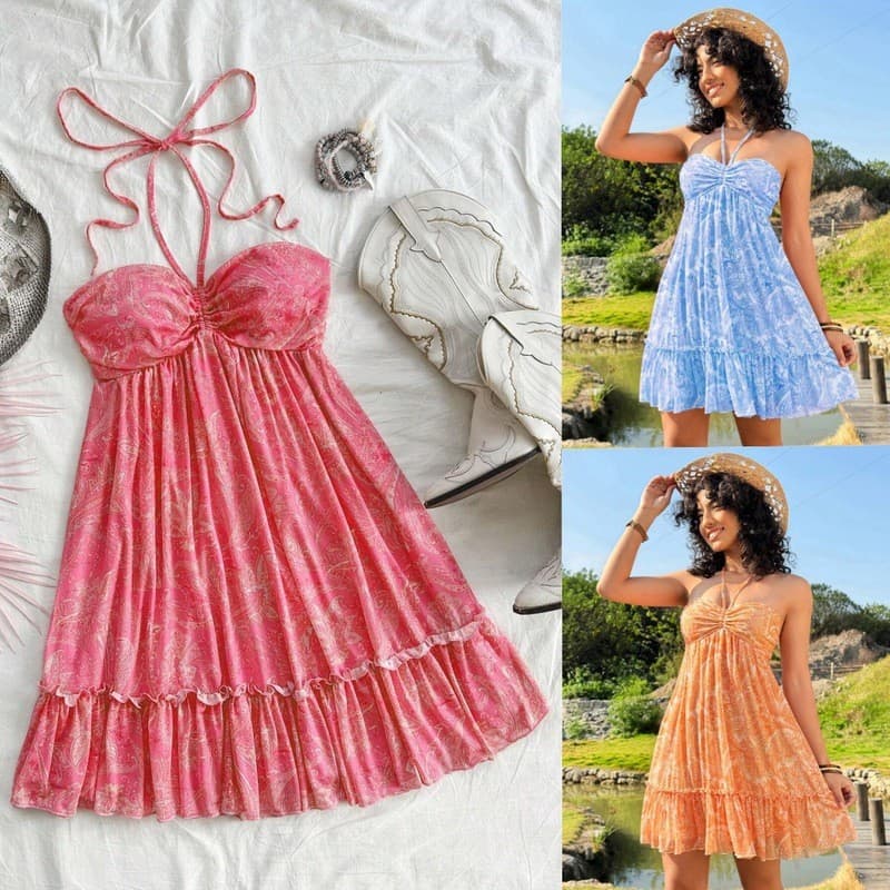 2025 Sling Floral Vestido Praia Casual Sem Mangas Halter Vestido Estilo Férias Novo Estilo