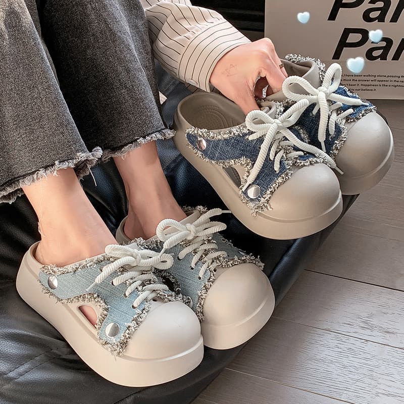 Novo estilo Denim borla costura buraco sapatos femininos plataforma de tecido de sola grossa sandálias de EVA moda exter