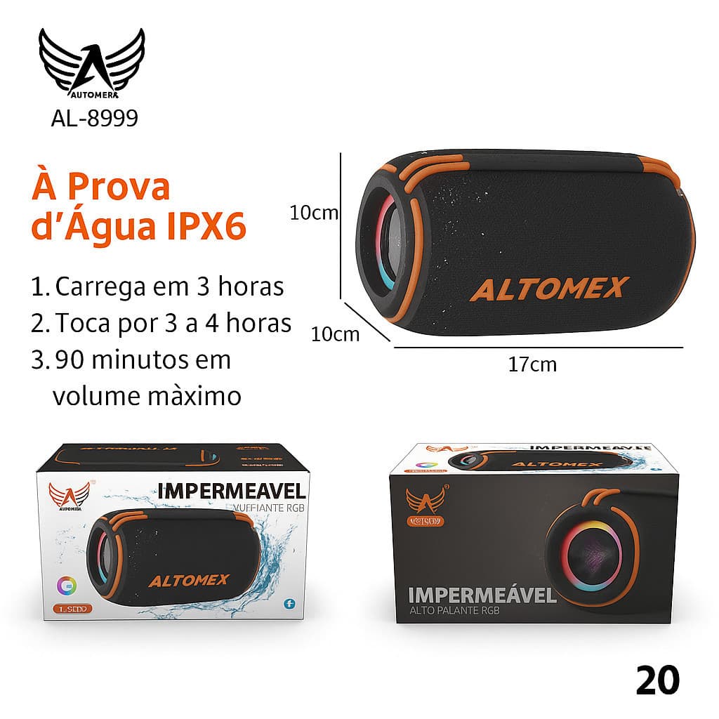 Caixa de Som Bluetooth ALTOMEX AL-8999 | 30W, RGB, Resistente à Água, Grave Potente, TWS