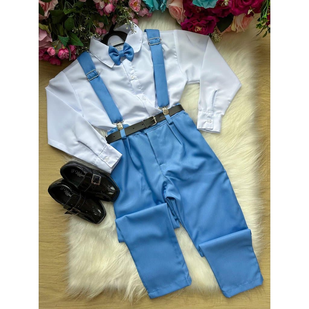 Conjunto Meninos Miss Cherry Leo Suspensorio Azul Celeste