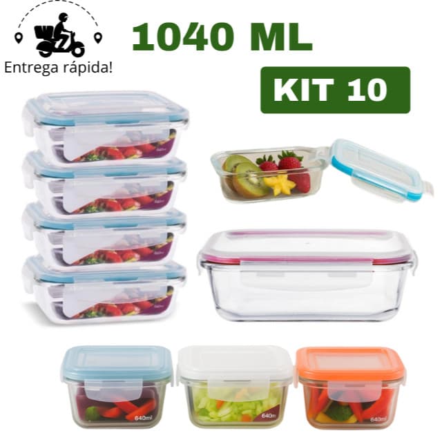 KIT 10 Potes de Vidro Refratário com Tampa Hermética 1040 ml Freezer e Micro-ondas