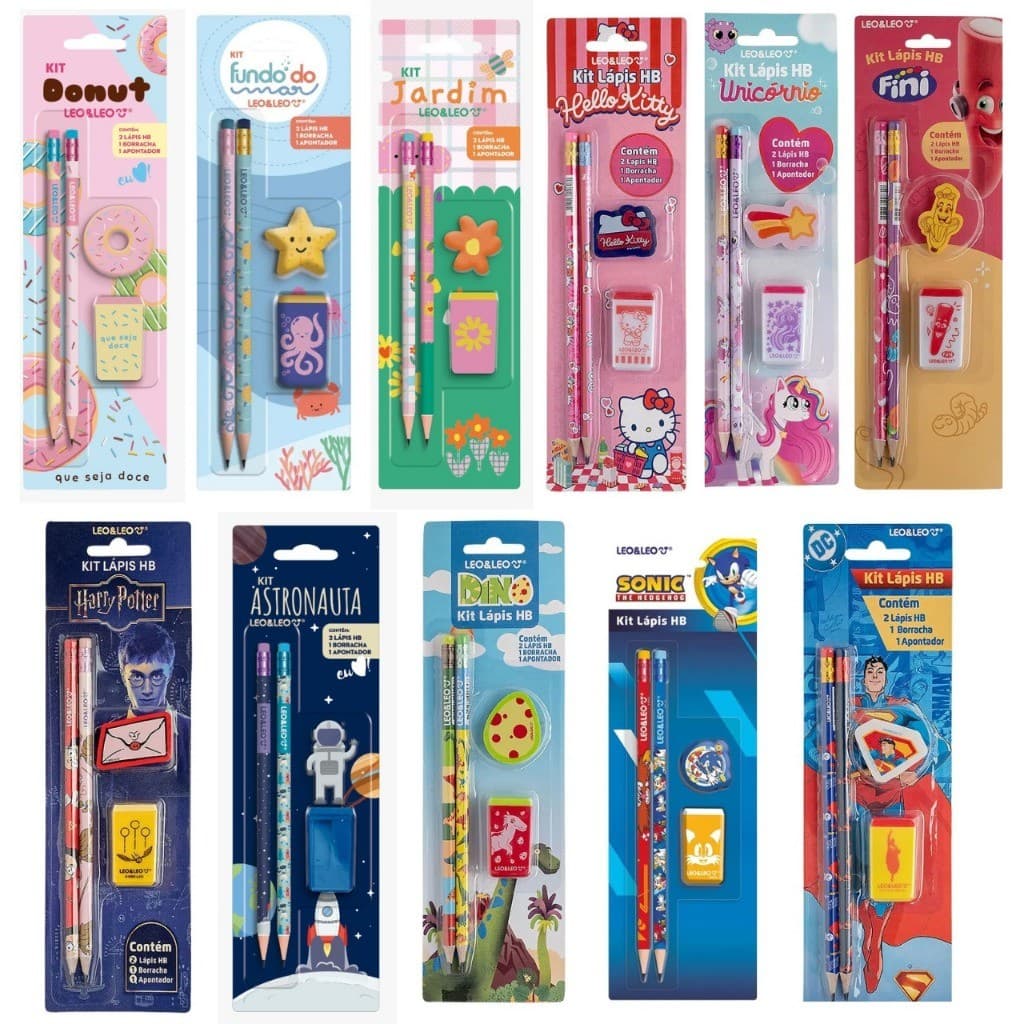 Kit Lápis HB Personagens 2 Lápis + Borracha + Apontador Leo&Leo - Kit Material Escolar