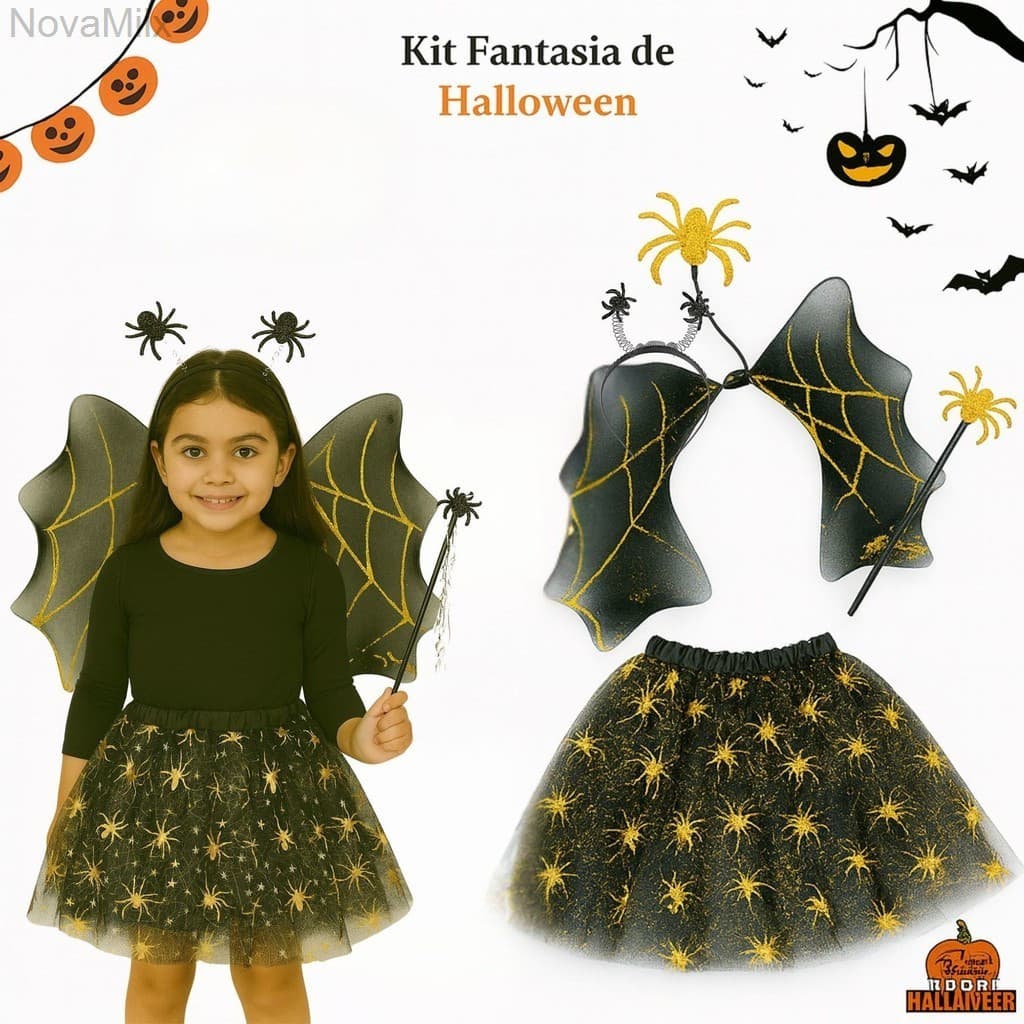(V)Fantasia Infantil Halloween Aranha Dourada com Asas e Varinha – Saia 30cmMM0U2O759949