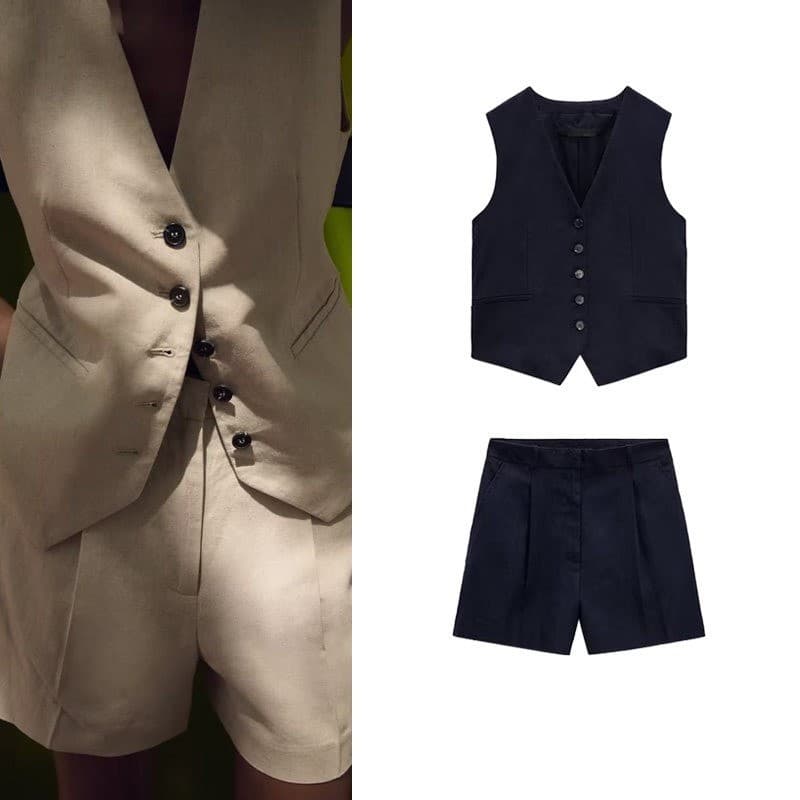 Shorts casuais de cintura alta de duas peças9929221 Colete Misturado9929321
