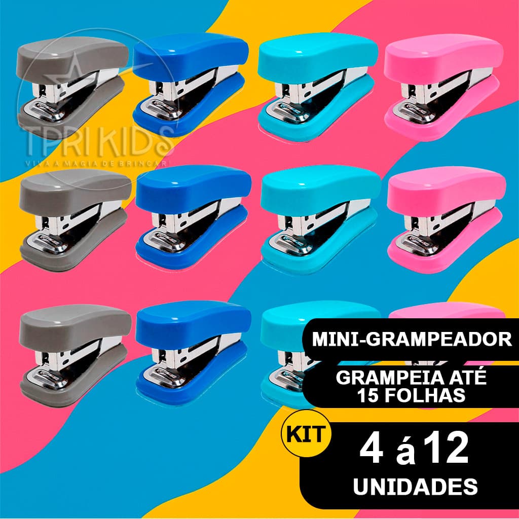 Kit 4 Á 12 Mini Grampeador e Extrator Até 15 Folhas Material Escolar Escritório Grampos 26/6