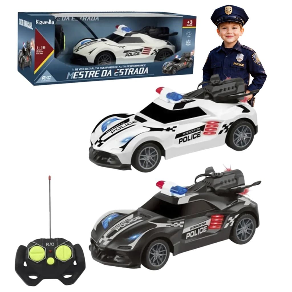 Carrinho De Polícia Controle Remoto Com Luz E Fumaça Brinquedo Infantil Realista Infantil Kizumba