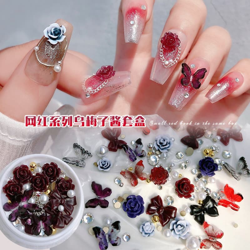 Molho de ébano Manicure borboleta camélia jóias arco pérola corrente fina prego diamante conjunto caixa influenciador ve