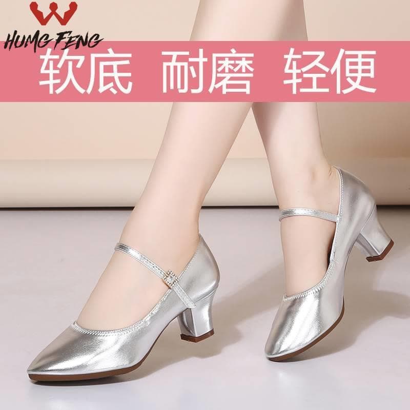 Prata couro genuíno sapatos de dança de couro macio feminino exterior usar sola macia salto alto sapatos de dança quadra