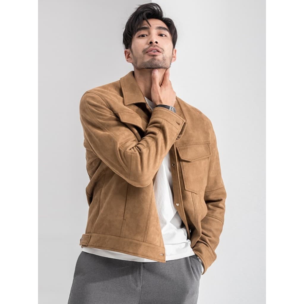 Yuppie cavalheiro de alta qualidade estiramento camurça primavera outono lapela masculina na moda Casual macacão jaqueta