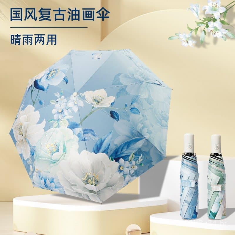 Guarda-chuva triplo com revestimento preto, design de peônia em estilo chinês, proteção UV, proteção contra sol e chuva,