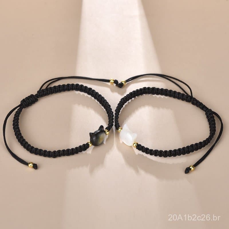 Pulseira Feminina Minsheng Niche Design, Tecida à Mão com Concha Preta e Gato, com um Toque de Luxo Leve, Pulseira da Am