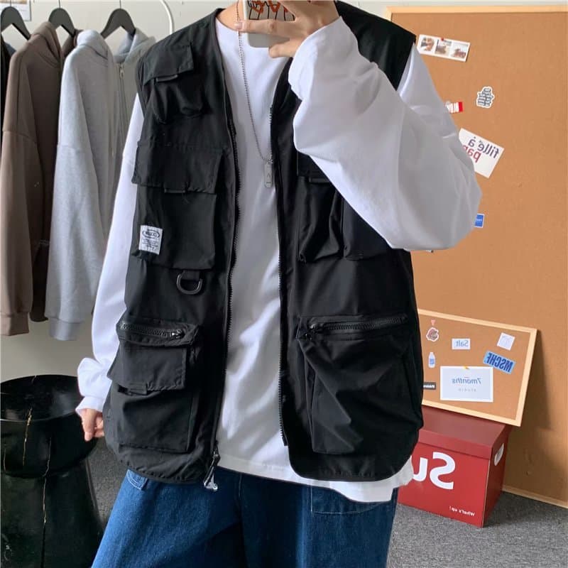 Colete colete masculino funcional ferramentas moda rua wear High street hiphop Multi-bolso colete exterior wear verão ja