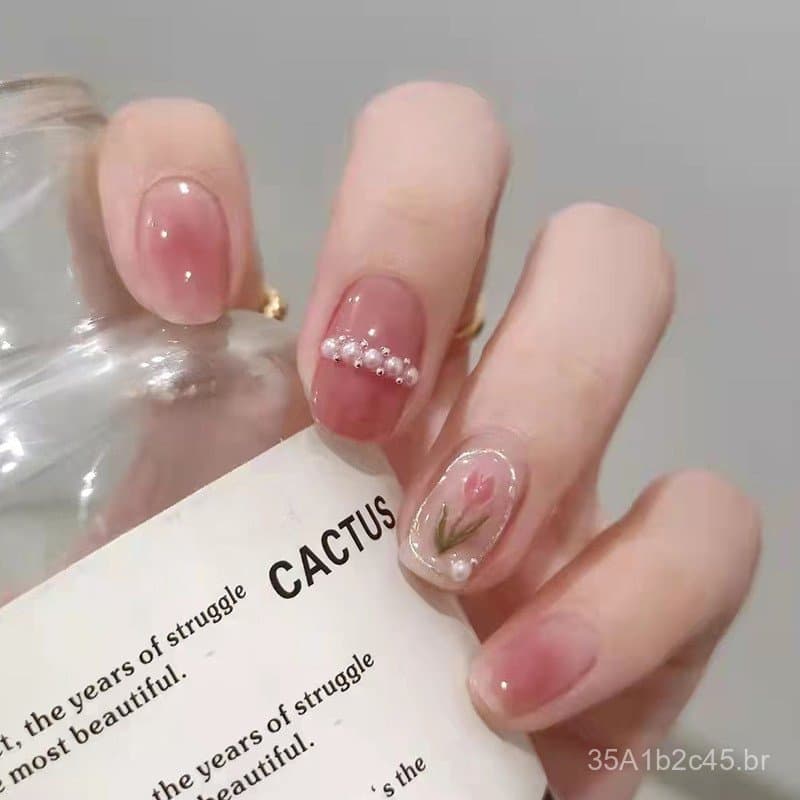 Unhas Postiças Estilo Pure Desire com Efeito Blush, Unhas Falsas com Efeito Perolado para Meninas, Peças de Unhas Removí