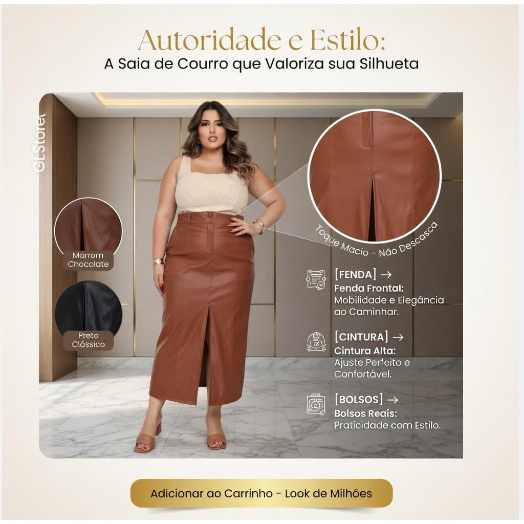 SAIA PLUS SIZE LONGA COURO COM FENDA NA FRETE E BOLSO E BOLSO INVERNO , EVAMGELICA ,FESTA RODEIO CASAMENTOS ,SECRETARIA