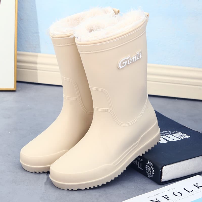 Moda botas de chuva feminina inverno mais veludo de uma peça antiderrapante exterior usar meados de tubo sapatos de água